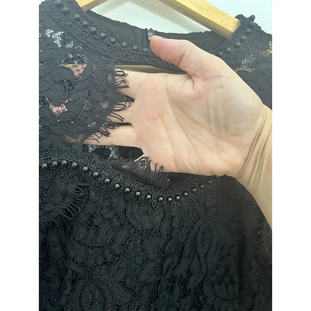 Whimsigoth Black Crochet Floral Lace Long Sleeve Midi Dress Sz  L Beaded Siryun - Picture 10 of 16